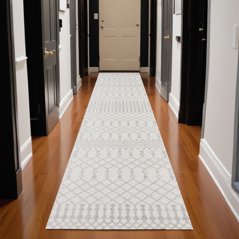 10' Gray And Ivory Moroccan Washable Runner Rug
