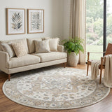 8' Gray Ivory And Blue Floral Medallion Distressed Washable Round Rug