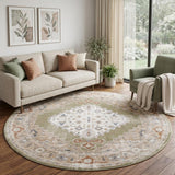 8' Sage And Ivory Floral Medallion Distressed Washable Round Rug