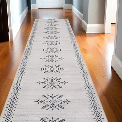 10' Gray Geometric Washable Runner Rug