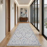 10' Ivory and Blue Oriental Power Loom Washable Runner Rug