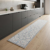 8' Ivory and Blue Oriental Power Loom Washable Runner Rug