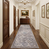 10' Ivory and Tan Floral Power Loom Distressed Washable Runner Rug