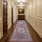 10' Blue and Red Floral Power Loom Distressed Washable Runner Rug