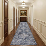 10' Blue and Ivory Floral Power Loom Distressed Washable Runner Rug