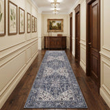 10' Blue and Ivory Floral Power Loom Distressed Washable Runner Rug