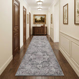 10' Gray and Ivory Floral Power Loom Distressed Washable Runner Rug