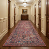 10' Blue and Red Floral Power Loom Distressed Washable Runner Rug