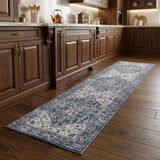 8' Green and Ivory Floral Power Loom Distressed Washable Runner Rug