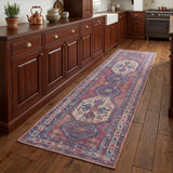 8' Blue And Red Medallion Distressed Washable Runner Rug