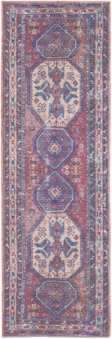 8' Blue And Red Medallion Distressed Washable Runner Rug