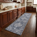 8' Blue and Ivory Floral Power Loom Distressed Washable Runner Rug