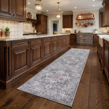8' Gray and Ivory Floral Power Loom Distressed Washable Runner Rug