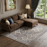 8' X 10' Ivory and Tan Floral Power Loom Distressed Washable Area Rug