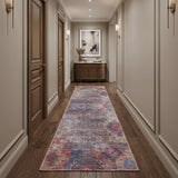 10' Blue and Red Geometric Power Loom Distressed Washable Runner Rug