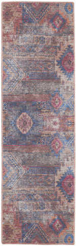 8' Blue and Red Geometric Power Loom Distressed Washable Runner Rug