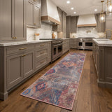 8' Blue and Red Geometric Power Loom Distressed Washable Runner Rug