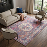8' X 10' Blue and Red Geometric Power Loom Distressed Washable Area Rug