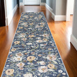 10' Blue Floral Washable Runner Rug