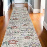 10' Cream Floral Washable Runner Rug