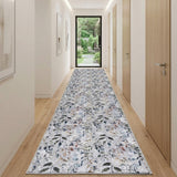10' Gray And Blue Floral Washable Runner Rug