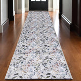 10' Gray And Blue Floral Washable Runner Rug
