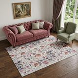 5' X 7' Ivory Pink and Green Floral Power Loom Washable Non Skid Area Rug