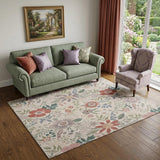5' X 7' Ivory Green and Red Floral Power Loom Washable Non Skid Area Rug