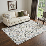 5' X 7' Ivory Green and Red Floral Power Loom Washable Non Skid Area Rug