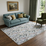 5' X 7' Ivory Blue and Gray Floral Power Loom Washable Non Skid Area Rug
