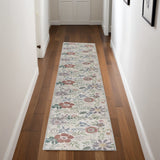 8' Cream Floral Washable Runner Rug