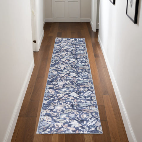 8' Blue Floral Washable Runner Rug