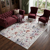 8' X 10' Ivory Pink and Green Floral Power Loom Washable Non Skid Area Rug