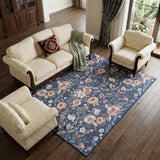 8' X 10' Blue and Green Floral Power Loom Washable Non Skid Area Rug