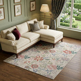 8' X 10' Ivory Green and Red Floral Power Loom Washable Non Skid Area Rug
