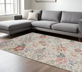 9' X 12' Cream Pink And Green Floral Washable Area Rug