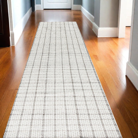 10' Gray And Ivory Geometric Washable Runner Rug