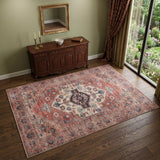 4' X 6' Blue and Red Oriental Power Loom Distressed Washable Non Skid Area Rug