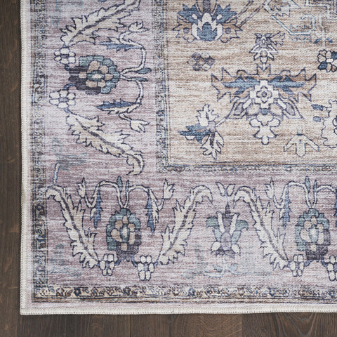 4' X 6' Pink and Blue Oriental Power Loom Distressed Washable Non Skid Area Rug