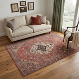 5' X 7' Blue and Red Oriental Power Loom Distressed Washable Non Skid Area Rug