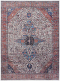 5' X 7' Red and Ivory Oriental Power Loom Distressed Washable Non Skid Area Rug