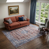 5' X 7' Blue and Red Oriental Power Loom Distressed Washable Non Skid Area Rug
