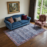 5' X 7' Blue and Red Oriental Power Loom Distressed Washable Non Skid Area Rug
