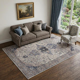 5' X 7' Ivory and Blue Oriental Power Loom Distressed Washable Non Skid Area Rug