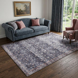 5' X 7' Blue and Ivory Oriental Power Loom Distressed Washable Non Skid Area Rug