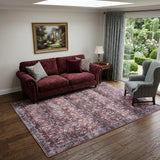 5' X 7' Red and Ivory Oriental Power Loom Distressed Washable Non Skid Area Rug