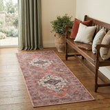 6' Red And Ivory Oriental Distressed Washable Runner Rug