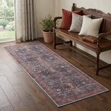6' Blue And Red Oriental Distressed Washable Runner Rug