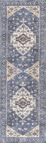 6' Blue and Ivory Oriental Power Loom Distressed Washable Non Skid Runner Rug