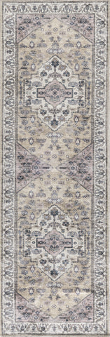 6' Beige And Ivory Oriental Distressed Washable Runner Rug